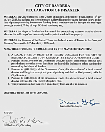 City of Bandera Declaration of Disaster on July 16, 2026