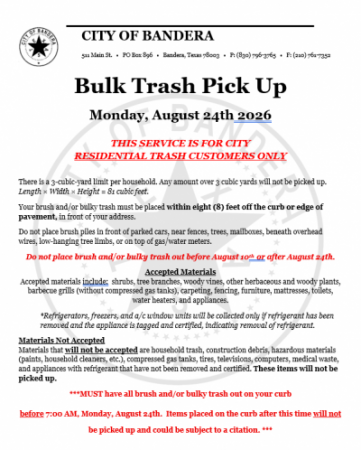 Bulk Trash Pick Up 8/24/2026
